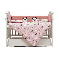 Детский хлопковый постельный комплект в кроватку Twins Panda, с бортиками, 7 элементов, розовый