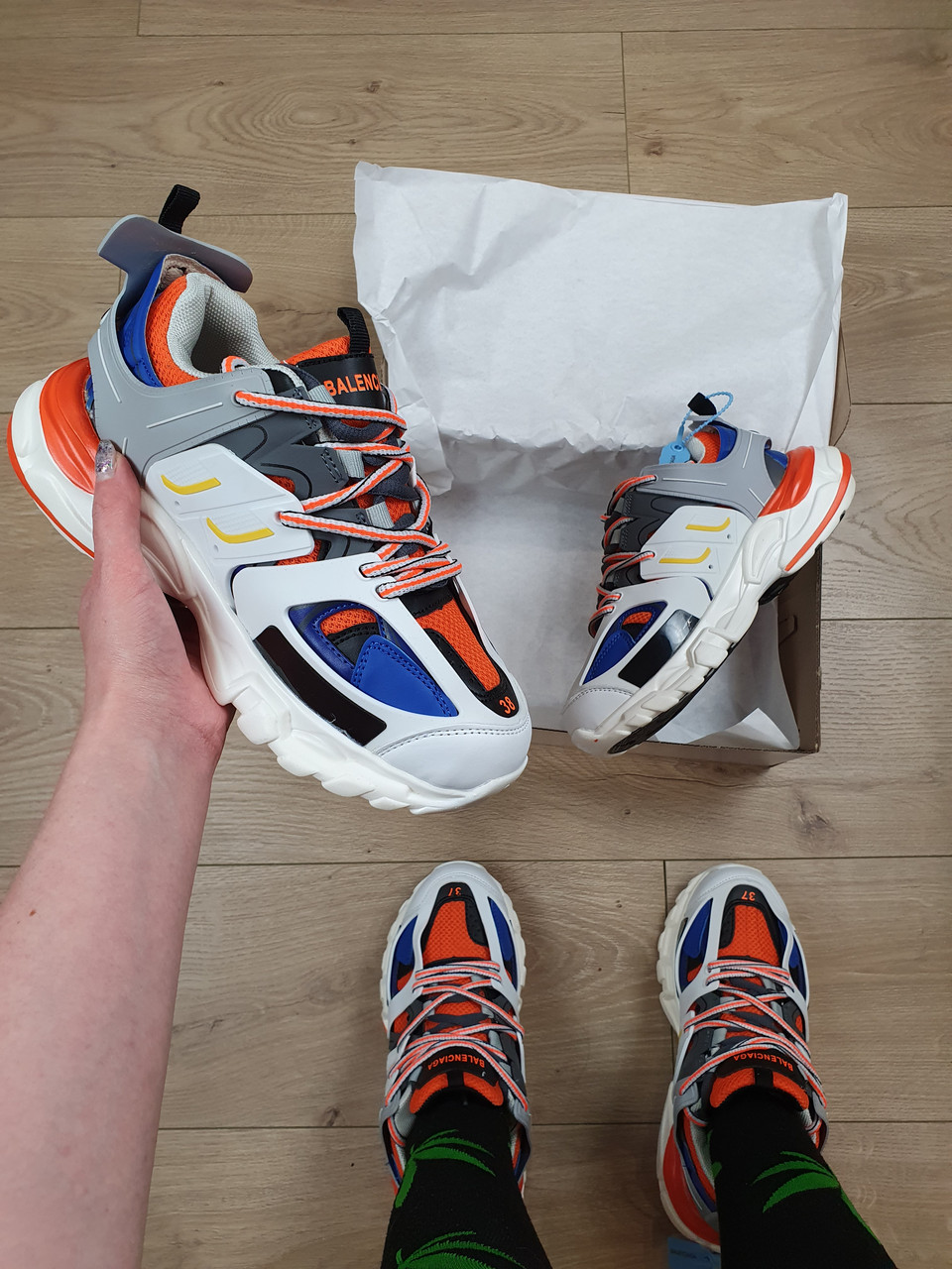 Кросівки жіночі білі Balenciaga Track White Orange Blue. Бігові кроси для дівчат Баленсіага Трек