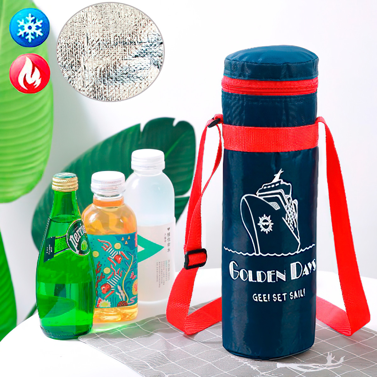 Термочохол для пляшки "Golden Days Синій з кораблем", термосумка для пляшки 30х11 см, термос для пляшечки, фото 1