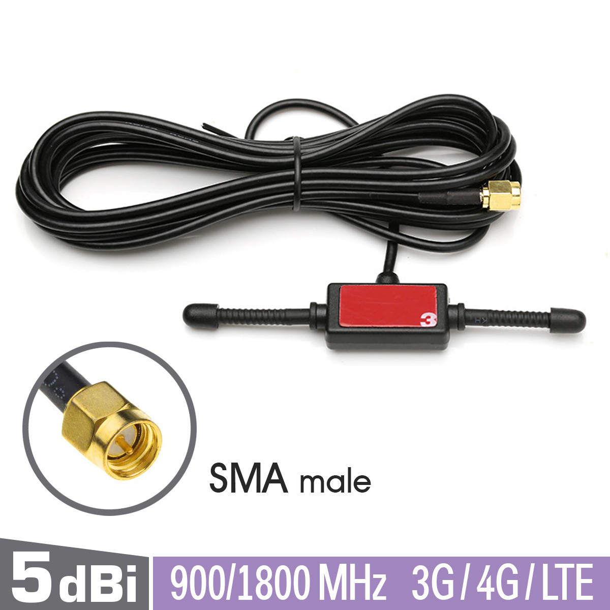 Антена автомобільна GSM 3G/4G/LTE WiFi 5dBi SMA Male папа, виносна 3 метри, під скло універсальна