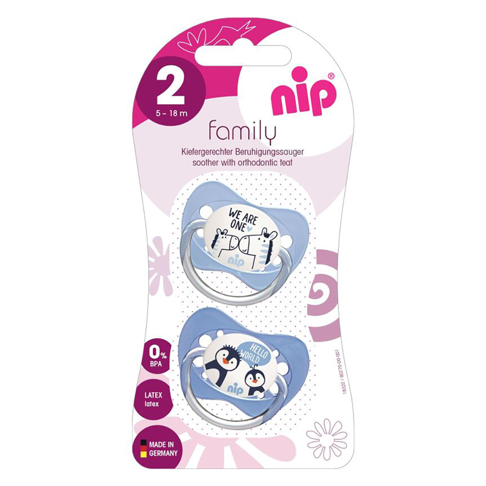 Пустушка латексна ортодонтична "Моя сім'я №2" (5-18 міс.) зебри та пінгвіни NIP 2 шт. (4000821310018)