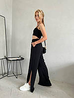 Эффектные женские штаны с разрезами легкие S-М M-L (42-44 44-46) пояс на резинке с карманами черные