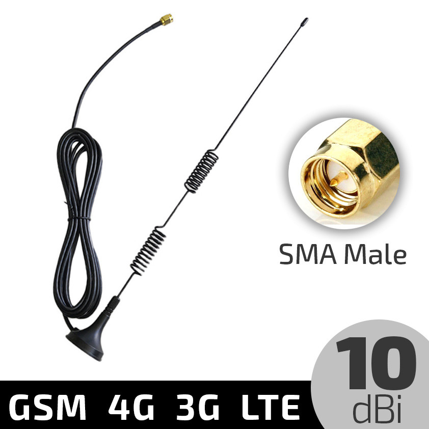Антенна выносная внешняя GSM GPS 4G LTE 10 dBi SMA Male папа, универсальная 2 метра для модемов роутеров