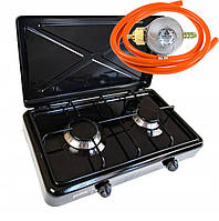 Портативная плита, газовая плита Zosia2cz 2-комфорочная газовая плита черного цвета. Шланг + переходник