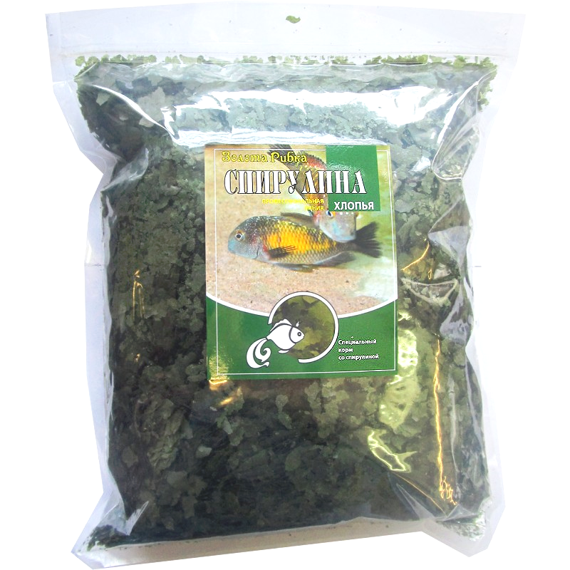Спіруліна в пластівцях, рослинний корм зі спіруліною пакет 2000 мл/500 гр