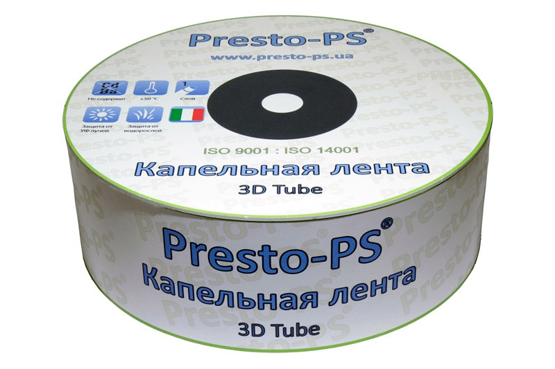 Крапельна стрічка Presto-PS емітерна 3D Tube крапельниці через 20 см, витрата 2.7 л/год, довжина 1000 м (3D-20-1000)