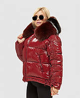 Модная зимняя куртка пуховик короткая из лаковой плащевки дутая бордо