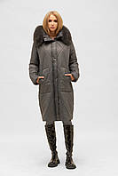 Зимова куртка пальто подовжений пуховик з капюшоном і хутром песця графіт  44р