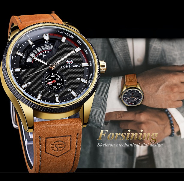 Мужские механические наручные часы Forsining GMT1218-2 Original коричневые - фото 6 - id-p1642615005