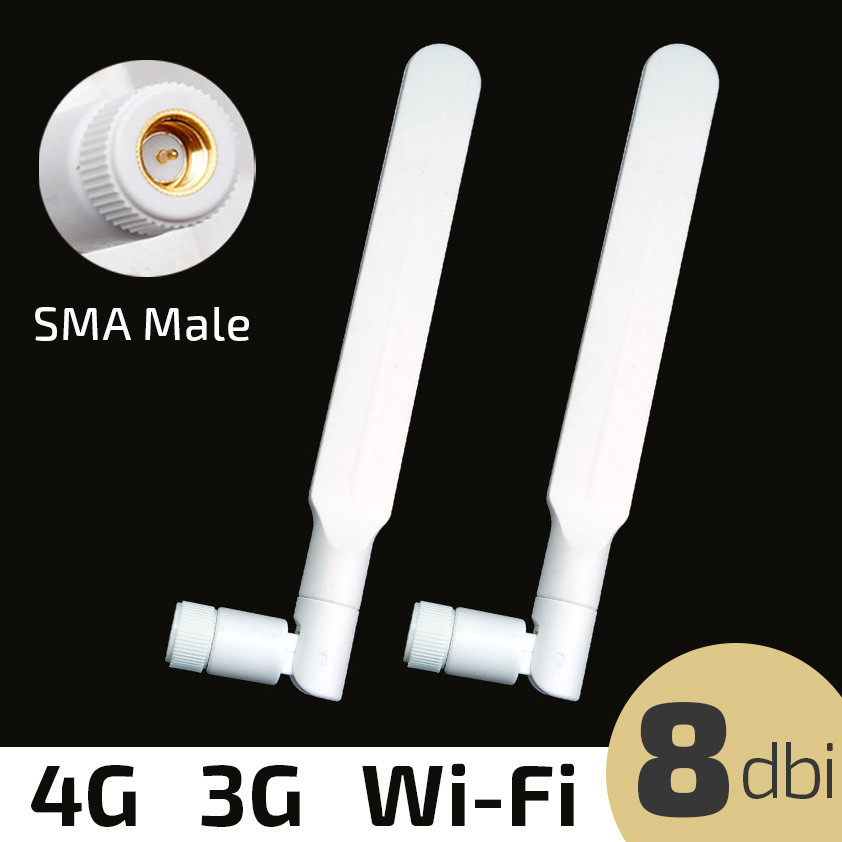 2шт антенна 4G LTE 3G GSM WiFi 8 dBi 900/1800MHz/2.4GHz SMA Male для роутеров, модемов, репитеров, белая