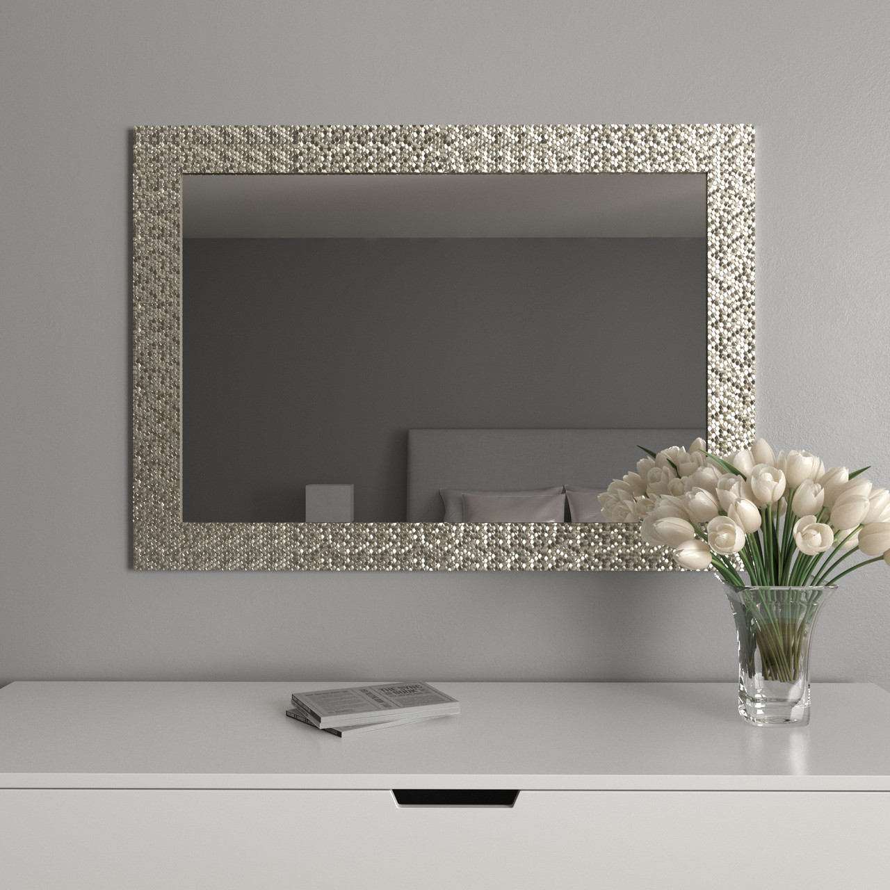 Дзеркало в оправі | На стіну 106х76 Нікель | Сріблясте | Black Mirror для спальні вітальні, фото 1