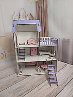 Дерев'яний дитячий ляльковий самозбірний будиночок для ляльок, 5 кімнат, з меблями, з терасою та сходами, з хдф