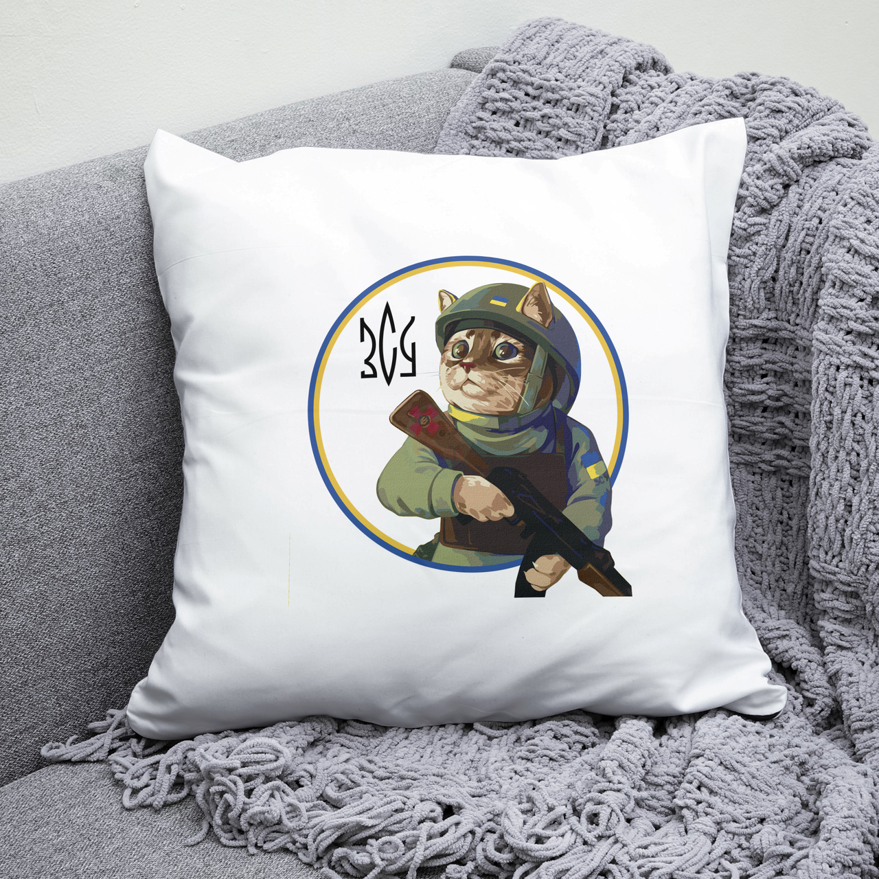 Подушка 35*35 см Котик ЗСУ. Патріотична подушка з Котом ЗСУ., фото 1