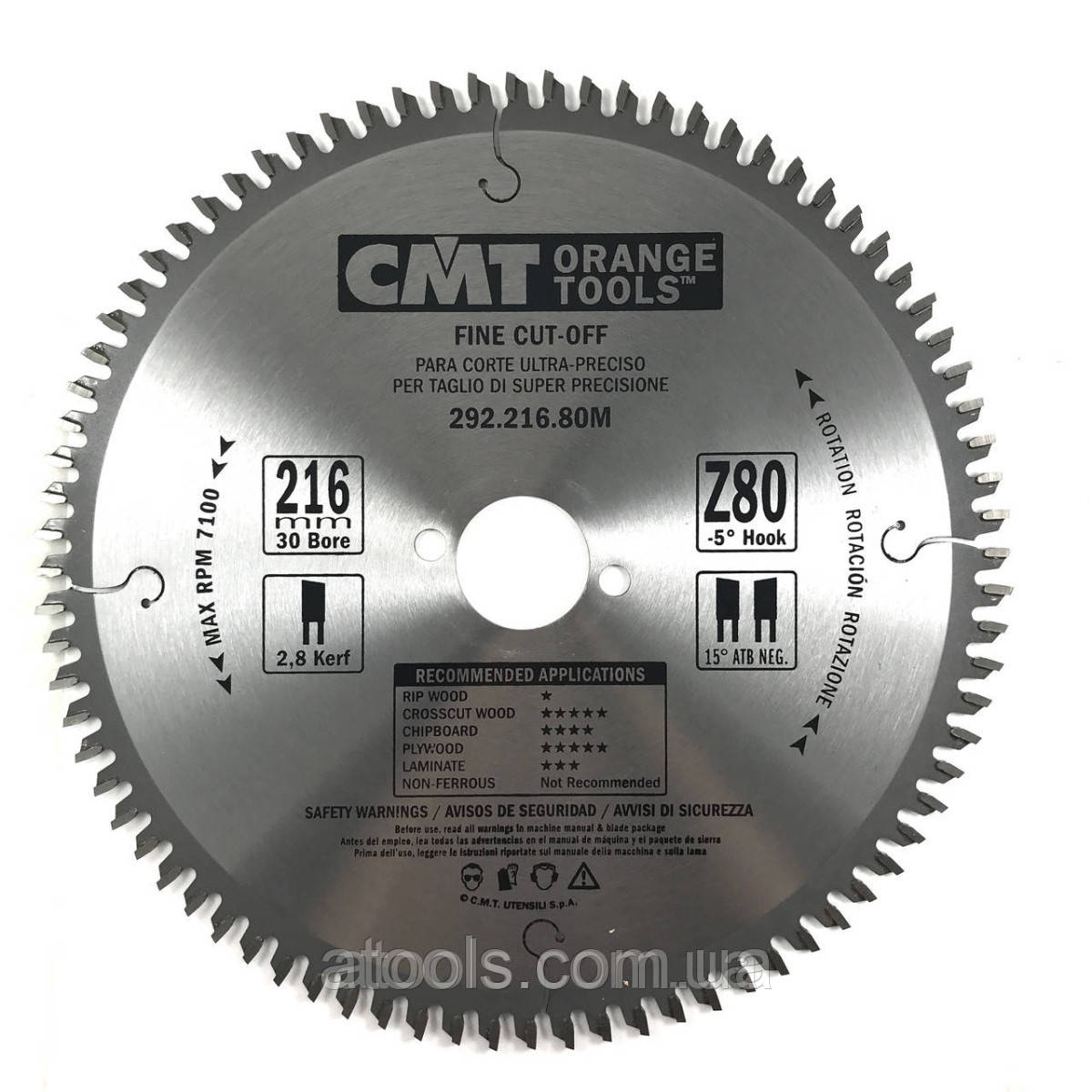Пильний диск по дереву CMT 216x30x80z K=2.8/1.8 для поперечного різу (292.216.80 M), фото 1