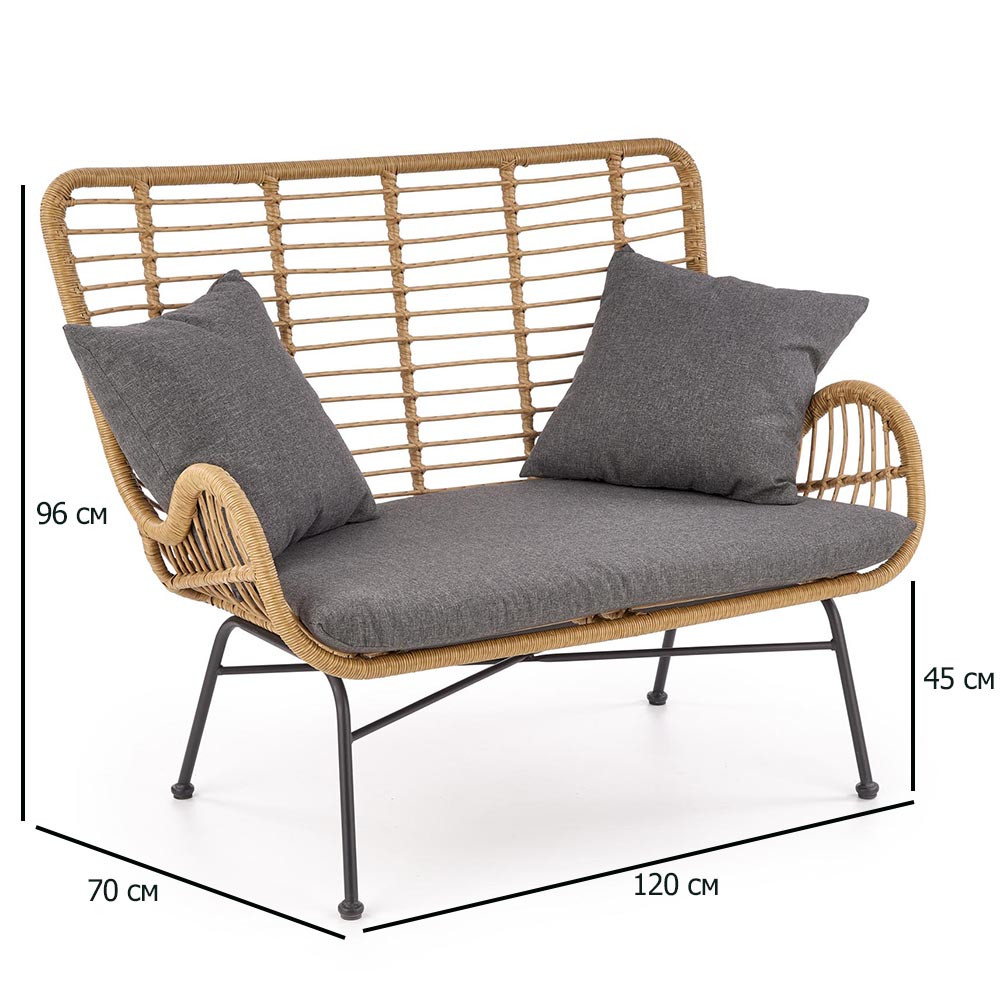 Софа зі штучного ротангу з подушками Ikaro XL у натуральному кольорі на ніжках для тераси., фото 1