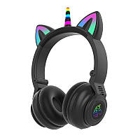 Детские беспроводные Bluetooth наушники единорог с кошачьими ушками и подсветкой cat ear STN-27 Черные