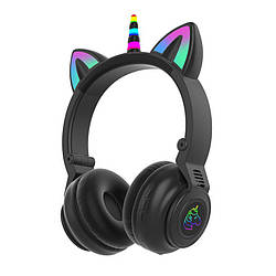 Дитячі бездротові Bluetooth-навушники єдиноріг з котячими вушками і підсвічуванням cat ear STN-27 Чорні