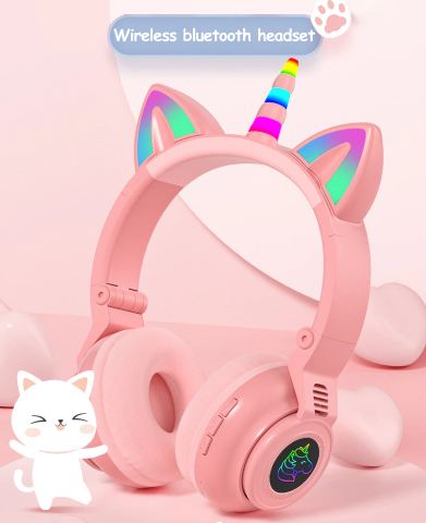 Дитячі бездротові навушники Єдиноріг Cat STN-27 LED Bluetooth навушники з котячими вушками і підсвічуванням, фото 1