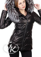 Короткий кожаный пуховик женский с чернобуркой зимний (Арт. ALS202)