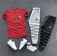 Мужской комплект летний Футболка + 2 пары Штанов Adidas черный-бордо Спортивный костюм весенний осенний Адидас