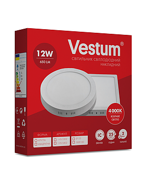 Круглий світлодіодний накладний світильник Vestum 12W 4000K 220V 1-VS-5302, фото 2