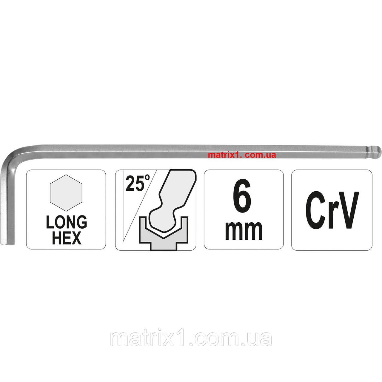 Ключ 6-гранний Г-подібний 2-сторонній YATO Cr-V, М 6,0 мм, з кульовим наконечником, 32 х 140 мм