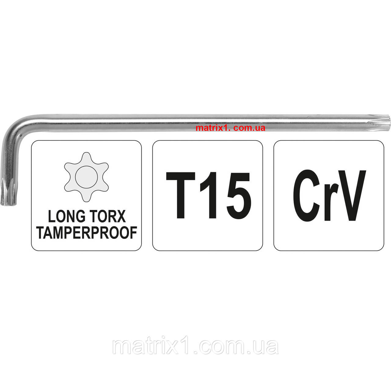 Ключ TORX SECURITY (з центром. отвором) YATO Г-подібний 2-сторонній, Cr-V, Т15, 17 х 90 мм
