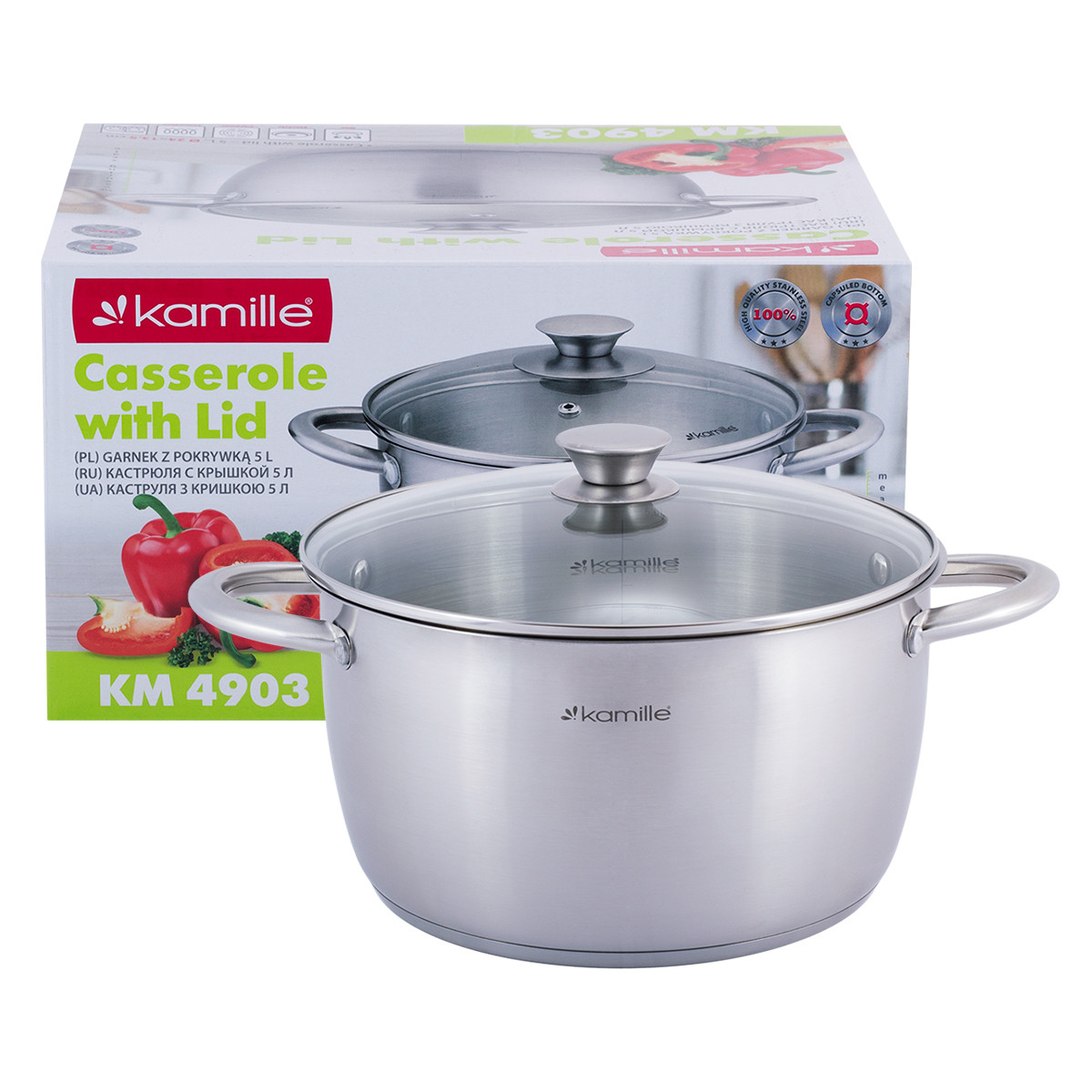 Кастрюля 5 Л Из Нержавеющей Стали с Крышкой и Полыми Ручками Kamille KM ...