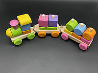 Деревянная детская игрушка "Поезд" из натурального дерева (паровозик и два вагона)