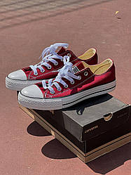 Жіночі кеди Converse Low All Star Low Burgundy низькі конверси унісекс червоного кольору з білою підошвою тканина