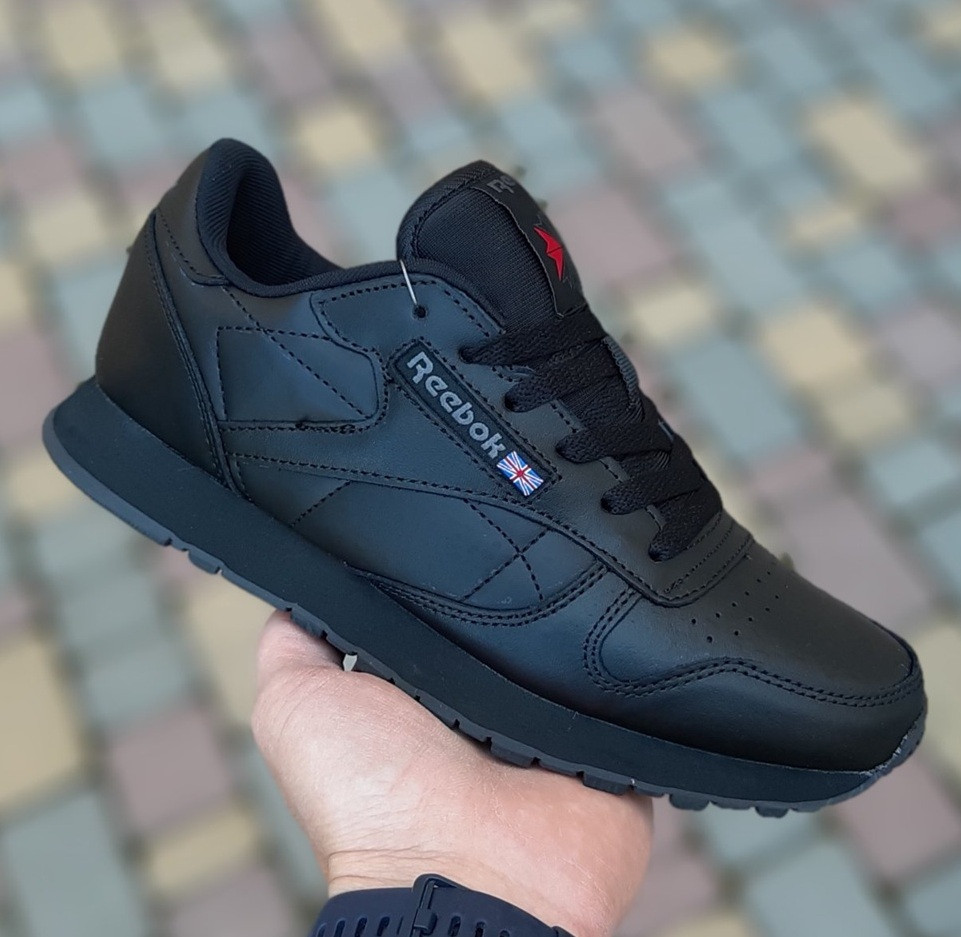 Чоловічі кросівки Reebok Classic Leather весна-осінь із прес.шкіри чорні. Живе фото, фото 1