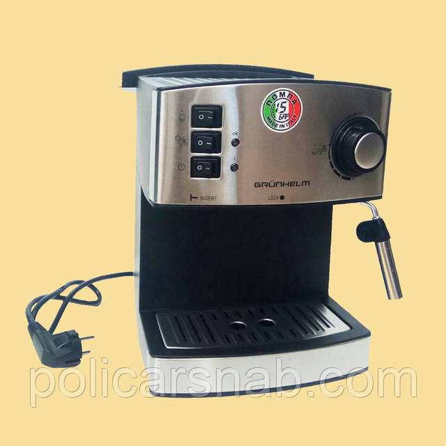 Кофемашина рожковая помповая бойлерного типа GRUNHELM GEC15 850 Вт для зернового молотого кофе с капучинатором, бытовая электрическая кафеварка эспрессо, цвет металик, корпус из нержавейки Кофемашина рожковая помповая бойлерного типа GRUNHELM GEC15 850 Вт для зернового молотого кофе с капучинатором, бытовая электрическая кафеварка эспрессо, цвет металик, корпус из нержавейки