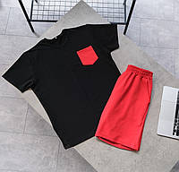 Мужской костюм футболка и шорты черный с красным, Мужской летний комплект из хлопка S M L XL XXL