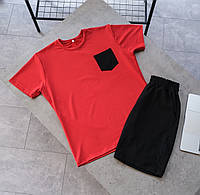 Мужской костюм футболка и шорты красная с черным, Мужской летний комплект однотонный из хлопка S M L XL XXL