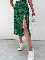 Зелена літня спідниця довжини міді з розрізом принт зебра