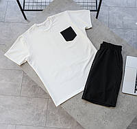 Мужской костюм футболка и шорты белый с черным, Мужской летний комплект однотонный из хлопка S M L XL XXL