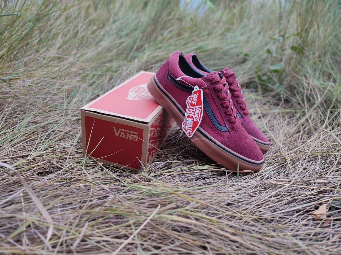 44 р Кеди Vans Old Skool WineRed / GREY чоловічі кросівки Бордо на рудій підошві чолові жіночі, фото 1