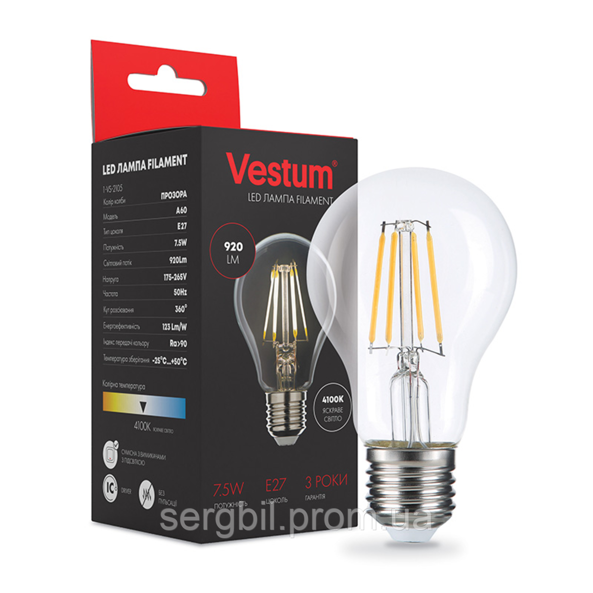 Світлодіодна філаментна лампа Vestum А60 Е27 7,5Вт 220V 4100К 1-VS-2105