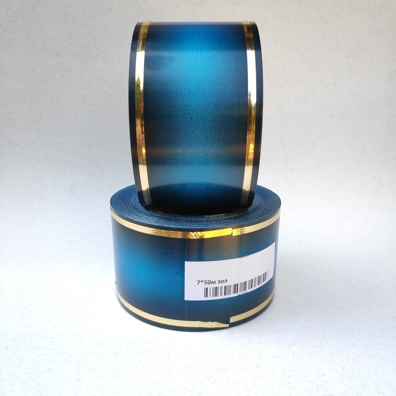 Стрічка ритуальна, 3D металік, колір блакитний, ЗОЛОТО - 7см