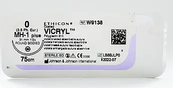 Хірургічна нитка Ethicon Vicryl (Вікріл) 0 колюча масивна Taper Point 31 мм, 1/2 кола, 75см, W9138