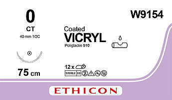 Хірургічна нитка Ethicon Vicryl (Вікріл) 0, колюча Taper Point 40 мм, 1/2 кола, 75см W9154, від 12 шт.