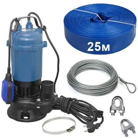 Фекальний насос FORWATER 2.5 кВт з ножем + шланг 25 м, трос, зажими, хомут, рукавиці (комплект), фото 1