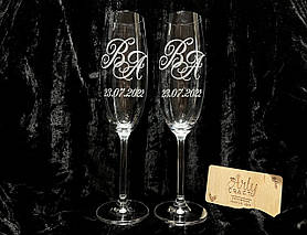 Весільні бокали для молодят для шампанського з гравіюванням ініціалів і дати
