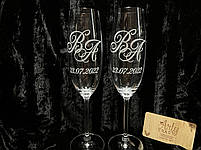 Весільні бокали для молодят для шампанського з гравіюванням ініціалів і дати, фото 2