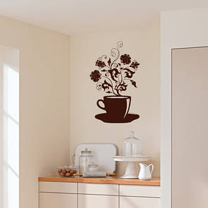 Інтер'єрна вінілова наклейка для кав'ярні Аромати кави (чашка кави, квіти)