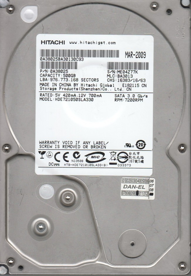 Накопитель HDD SATA 500GB Hitachi Deskstar E7K1000 7200rpm 32MB (HDE721050SLA330) Refurbished