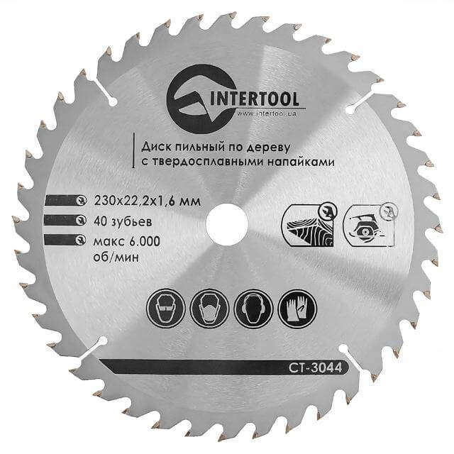 Диск пиляльний для дерева з твердосплавними напайками 230x22,2x1,6 мм; 40 зубців INTERTOOL CT-3044