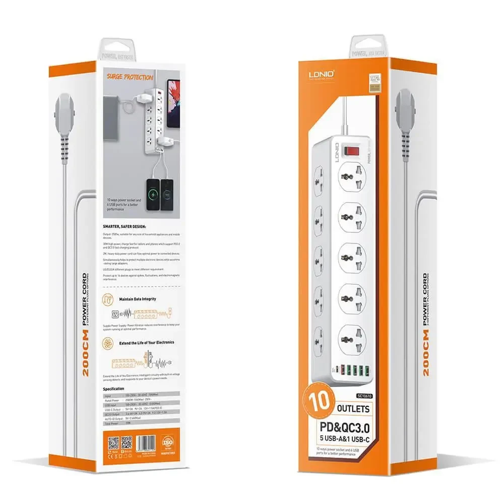 Сетевой удлинитель фильтр 10 розеток + 5 USB + 1 Type-c LDNIO SC10610 ...