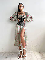 Платье миди женское из штапеля с разрезом в цветочный принт и прозрачный корсет Smb7439