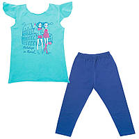 Костюм (футболка и штаны) летние для девочки детский KS-19-18-1 Путешествие Синий на рост 122 (11606)